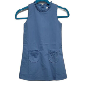 Blue Linen Blend Ruffle Neck Pocket Casual Girls Dress By Southern Smocked Co